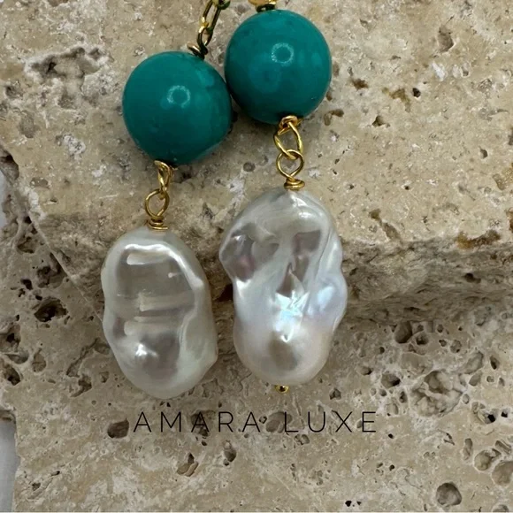 Turquoise & Keshi Baroque Pearl Dangles - Picture 6 of 9